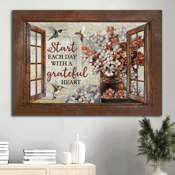 Grateful Heart Jesus Landscape Poster Home Decor Gift – Christian Wall Art with Blossom Flower Hummingbird Window Frame – Landscape Prints