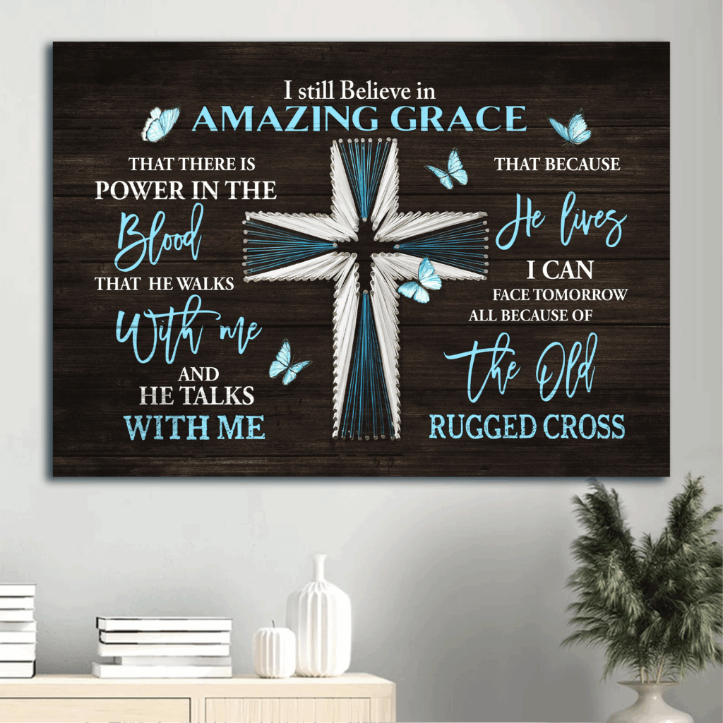 Blue Cross Jesus Landscape Poster: Christian Wall Art Home Decor Gift with Blue Butterfly and Amazing Grace Print Blue Cross Jesus Landscape Poster: Christian Wall Art Home Decor Gift with Blue Butterfly and Amazing Grace Print