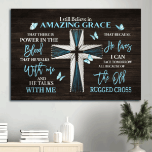 Blue Cross Jesus Landscape Poster: Christian Wall Art Home Decor Gift with Blue Butterfly and Amazing Grace Print