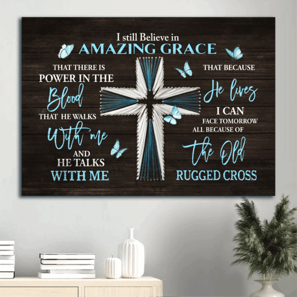 Blue Cross Jesus Landscape Poster: Christian Wall Art Home Decor Gift with Blue Butterfly and Amazing Grace Print