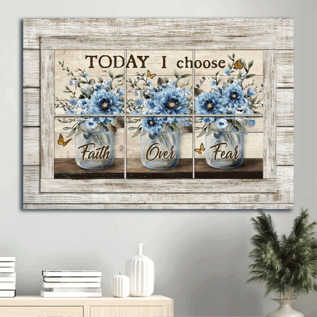 Christian Home Decor Gift: Jesus Landscape Poster – Faith Over Fear Blue Flower Monarch Butterfly Vintage Window Christian Home Decor Gift: Jesus Landscape Poster – Faith Over Fear Blue Flower Monarch Butterfly Vintage Window