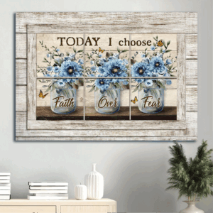 Christian Home Decor Gift: Jesus Landscape Poster - Faith Over Fear Blue Flower Monarch Butterfly Vintage Window