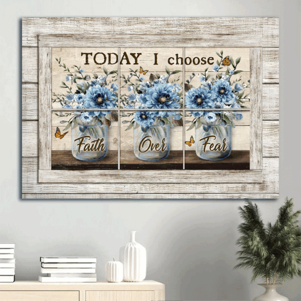 Christian Home Decor Gift: Jesus Landscape Poster – Faith Over Fear Blue Flower Monarch Butterfly Vintage Window