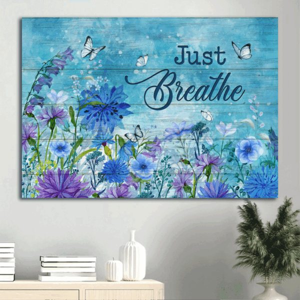 Jesus Landscape Poster Home Decor Gift – Blue Flower Garden & Butterfly – Christian Spring Painting