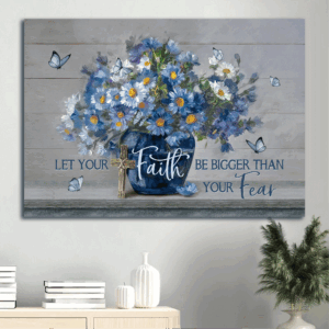 Christian Home Decor Gift: Jesus Landscape Poster with Blue Flower and Butterfly - Let Faith Overcome Fear
