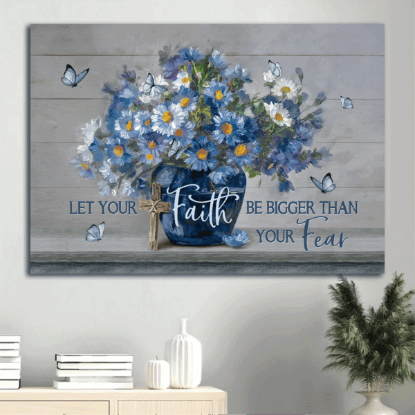 Christian Home Decor Gift: Jesus Landscape Poster with Blue Flower and Butterfly – Let Faith Overcome Fear