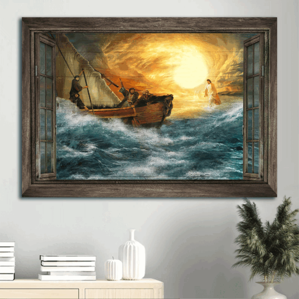 Blue Ocean Jesus Landscape Poster: God Guides Us Through Storm  Poster Home Decor Gift – Gift for Christian Home Decor