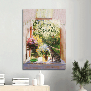Christian Home Decor Gift: Jesus Portrait Poster with Flower Garden Cat Butterfly  Poster Home Decor Gift - Just Breathe Spring Painting
