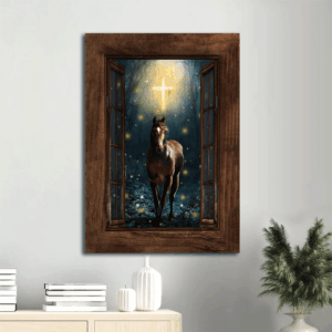 Jesus Portrait Poster: Christian Home Decor Gift with Horse Firefly Drawing and Cross Symbol on Wooden  Poster Home Decor Gift