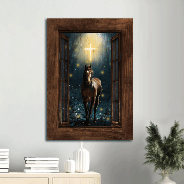 Jesus Portrait Poster: Christian Home Decor Gift with Horse Firefly Drawing and Cross Symbol on Wooden  Poster Home Decor Gift