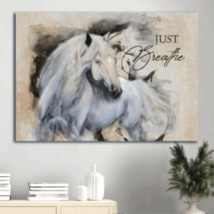 Jesus Landscape Poster: Beautiful Horse Painting on White Background - Christian Home Decor Gift with Small Cross  Poster Home Decor Gift - Just Breathe