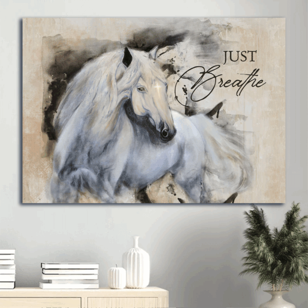 Jesus Landscape Poster: Beautiful Horse Painting on White Background – Christian Home Decor Gift with Small Cross  Poster Home Decor Gift – Just Breathe