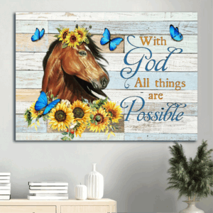 Jesus Landscape Poster Home Decor Gift - Horse Painting Sunflower Drawing Blue Butterfly  Poster Home Decor Gift - Perfect Gift for Christian - With God All Things Possible
