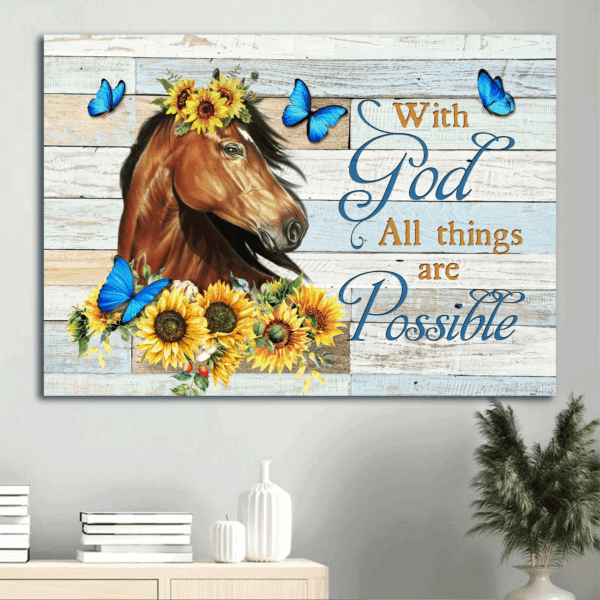 Jesus Landscape Poster Home Decor Gift – Horse Painting Sunflower Drawing Blue Butterfly  Poster Home Decor Gift – Perfect Gift for Christian – With God All Things Possible