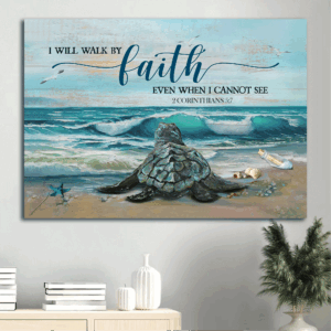Christian Home Decor Poster Gift - Jesus Sea Turtle & Ocean Landscape - Faith Quote