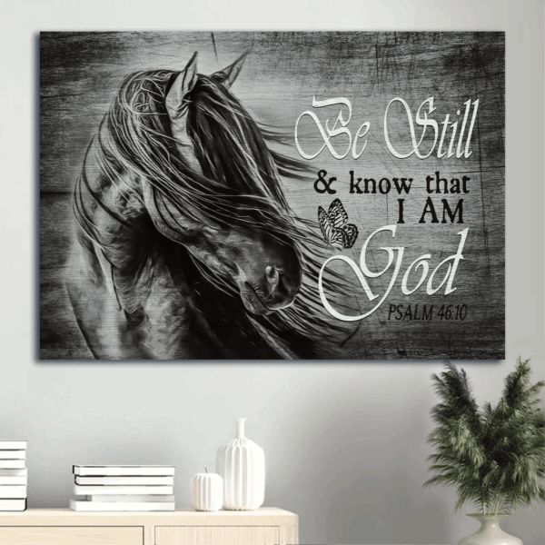 Jesus Landscape Poster: Black and White Horse Painting for Christian Home Decor – Be Still and Know – Christian Wall Art Print