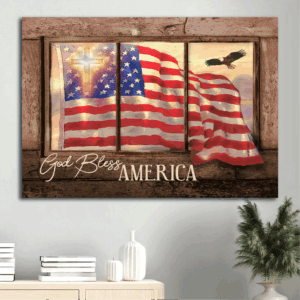 Jesus Landscape Poster Home Decor Gift - Patriotic US Flag Cross Vintage Window - Gift for Christian - God Bless America