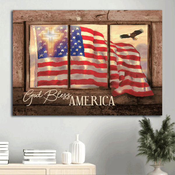 Jesus Landscape Poster Home Decor Gift – Patriotic US Flag Cross Vintage Window – Gift for Christian – God Bless America