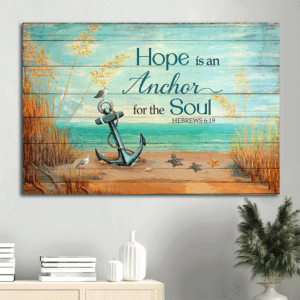 Hope Anchor Jesus Landscape Poster - Religious Christian Home Decor Gift with Blue Ocean and Rice Field Drawing