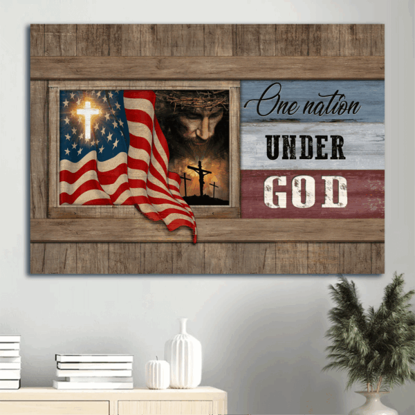 Jesus Landscape Poster Home Decor Gift – Stunning US Flag & Face of Jesus – Perfect Gift for Christians – One Nation Under God