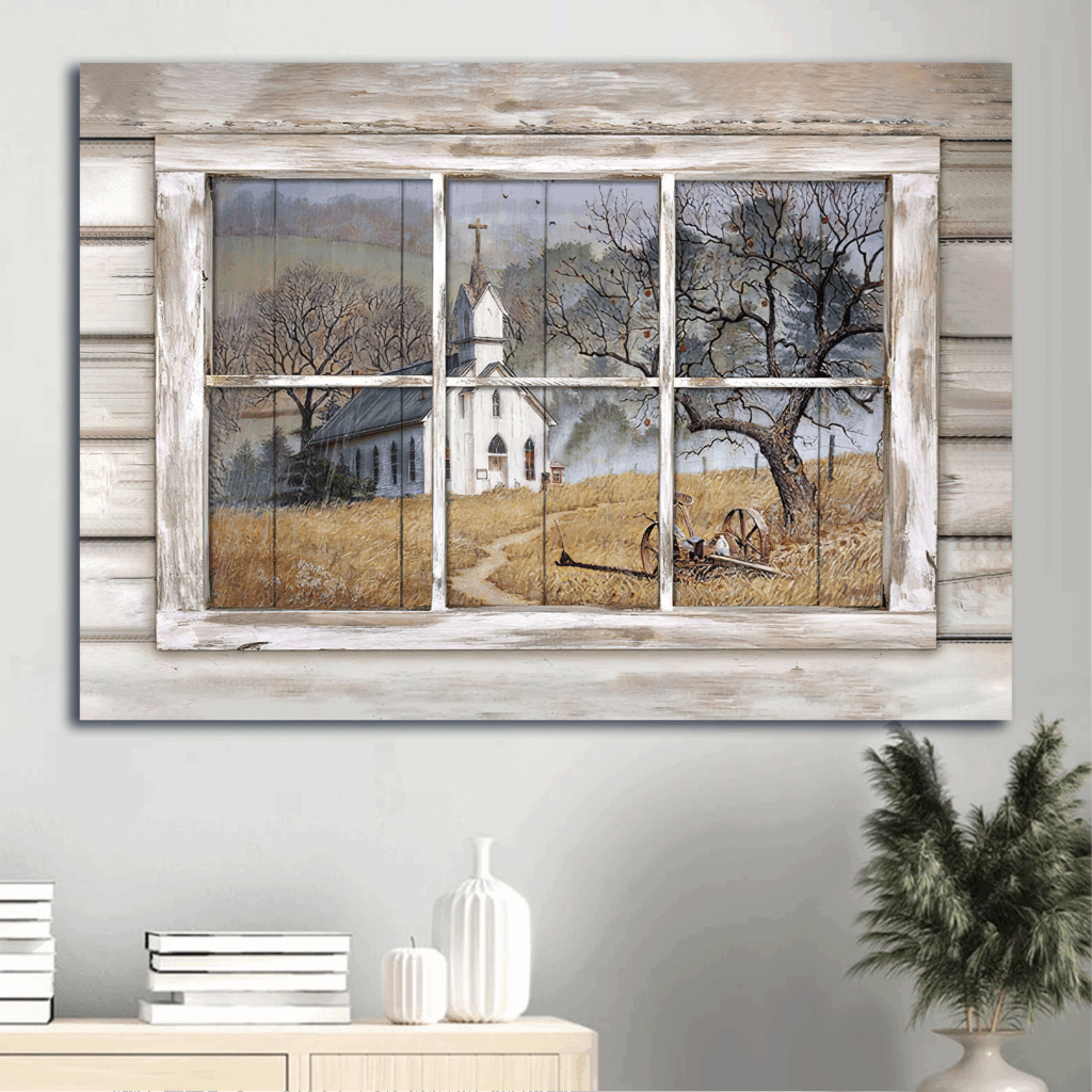 Jesus Landscape Poster: Country Church Through Rustic Window – Christian Home Decor Gift Jesus Landscape Poster: Country Church Through Rustic Window – Christian Home Decor Gift