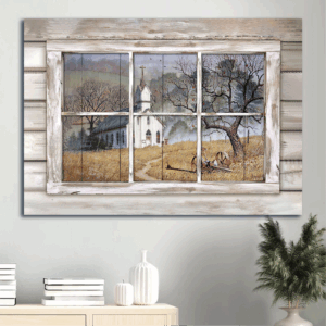 Jesus Landscape Poster: Country Church Through Rustic Window - Christian Home Decor Gift