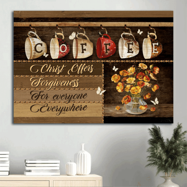 Christian Home Decor: Jesus Landscape Poster with Coffee Cups Flower Vase and White Butterfly – Perfect Gift