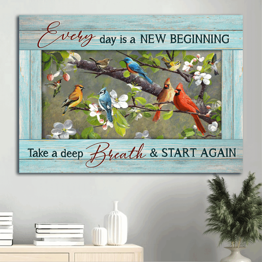 Christian Home Decor Gift: Jesus Landscape Poster – Colorful Cardinal Hummingbird Drawing Peach Blossom – Every Day Is A New Beginning Christian Home Decor Gift: Jesus Landscape Poster – Colorful Cardinal Hummingbird Drawing Peach Blossom – Every Day Is A New Beginning