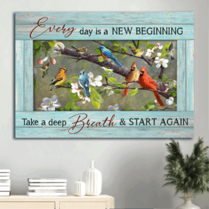 Christian Home Decor Gift: Jesus Landscape Poster - Colorful Cardinal Hummingbird Drawing Peach Blossom - Every Day Is A New Beginning