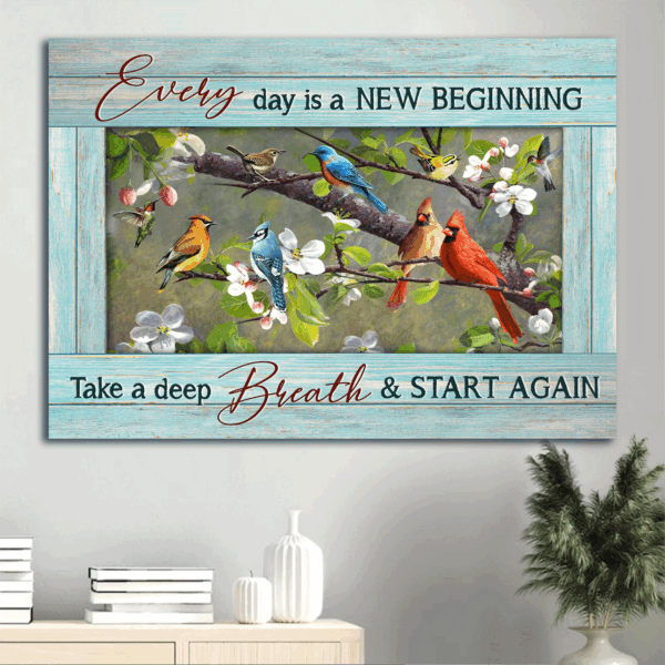 Christian Home Decor Gift: Jesus Landscape Poster – Colorful Cardinal Hummingbird Drawing Peach Blossom – Every Day Is A New Beginning