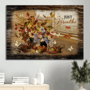 Colorful Jesus Landscape Poster Home Decor Gift - Autumn Season Flower Painting with White Butterfly - Just Breathe  Poster Home Decor Gift - Perfect Gift for Christian Wall Decor