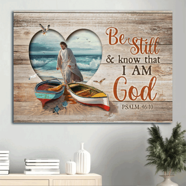 Jesus Landscape Poster – Colorful Boat Walking On Water Sea Turtle – Christian Home Decor Gift – Be Still And Know I Am God