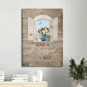 Colorful Jesus Portrait Poster Home Decor Gift - Christian Wall Decor with Flowers Butterfly Vase Window & Wooden Background - Blessed Day