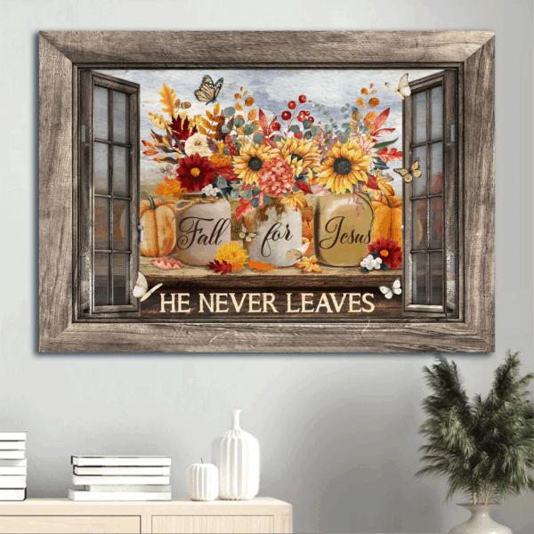 Fall For Jesus Landscape Poster Home Decor Gift – Colorful Flower Pumpkin Painting Butterfly – Christian Wall Decor