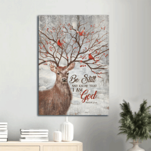 Christian Home Decor Gift - Jesus Portrait Poster with Reindeer Cardinal God Psalm 46:10 - Winter Forest Wall Decor