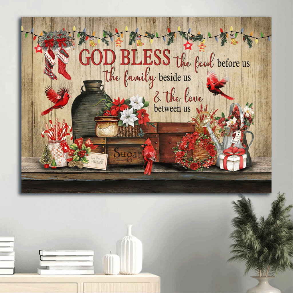 Jesus Landscape Poster Home Decor Gift – Merry Christmas Red Cardinal Colorful Flower Christian Gift Box – God Bless Family Love Between Us