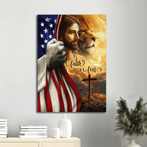 Jesus Portrait Poster Home Decor Gift - Lion of Judah Painting Light Cross US Flag - Christian Faith Over Fear