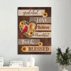Christian Home Decor Gift - Jesus Portrait Poster - Cardinal Couple Heart & Sunflower Drawing