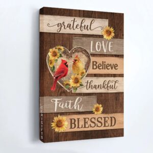 Christian Home Decor Gift - Jesus Portrait Poster - Cardinal Couple Heart & Sunflower Drawing 1