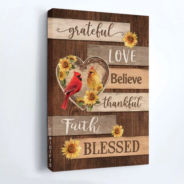 Christian Home Decor Gift – Jesus Portrait Poster – Cardinal Couple Heart & Sunflower Drawing
