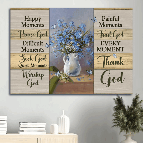 Christian Home Decor Poster – Jesus Blue Flower Still Life Painting with Butterfly – Thank God Gift