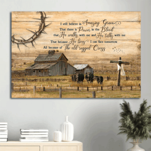 Jesus Landscape Poster: Tranquil Farm with Angus Cows & Wooden Cross - Religious Christian Gift
