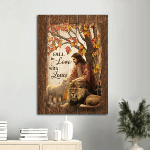 God Jesus Landscape Poster Home Decor: Autumn Forest Drawing Lion of Judah White Lamb Fall in Love with Jesus Wall Art