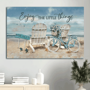 Jesus Landscape Poster Home Decor Gift - Antique Chair Blue Bicycle Ocean Landscape - Christian Gift: Enjoy the Little Things