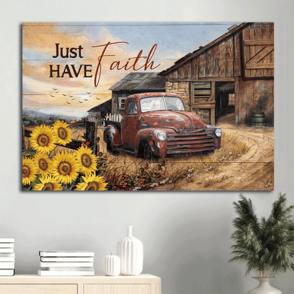 Vintage Jesus Landscape Poster Home Decor Gift – Antique Ladybug Car Old Farm & Sunflower Garden – Perfect Christian Gift