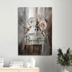 Religious Christian Jesus Portrait Poster Home Decor Gift - Abstract Art Hummingbird Drawing Rose Painting - Just Breathe