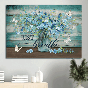 Jesus Landscape Poster Home Decor - Abstract Watercolor Art Blue Flowers White Butterfly Gift for Religious Christians - Just Breathe