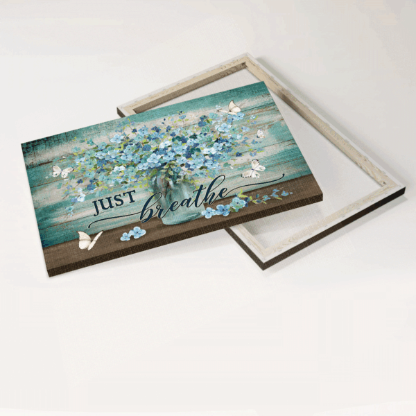 Jesus Landscape Poster Home Decor – Abstract Watercolor Art Blue Flowers White Butterfly Gift for Religious Christians – Just Breathe