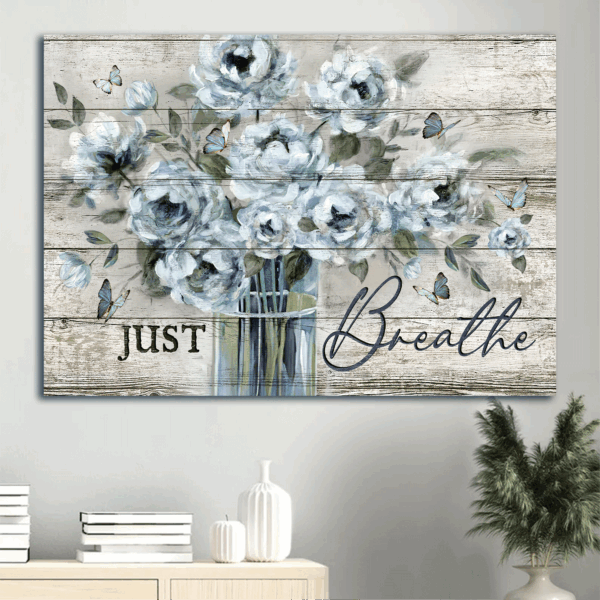 Vintage Jesus Landscape Poster: Abstract Art for Home Decor Gift – Blue Butterfly Christian Gift – Just Breathe