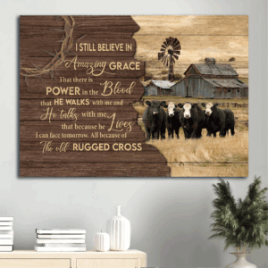 Religious Christian Home Decor Gift: Jesus Landscape Aberdeen Angus Farm Poster - Tranquil Farm Landscape Poster - The Old Rugged Cross